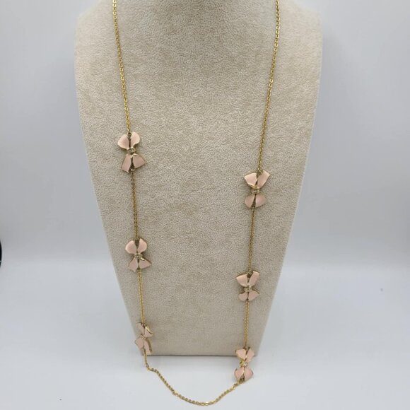 J Crew Pink Enamel Long Bow Station Necklace with small Clear Crystals - Picture 12 of 12